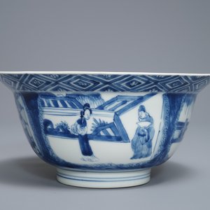 Een Chinese blauwwitte klapmutskom met figuren, Kangxi merk en periode — foto 4