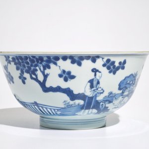 Een Chinese blauwwitte kom met een konijn, Chenghua merk, Kangxi/Yongzheng — foto 3