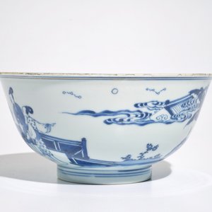 Een Chinese blauwwitte kom met een konijn, Chenghua merk, Kangxi/Yongzheng — foto 5