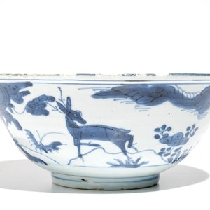 Een Chinese blauwwitte kom met herten, Wanli — foto 1
