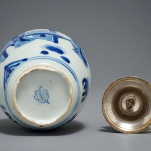 Een Chinese blauwwitte met zilver gemonteerde theebus met decor van Lange Lijzen, Kangxi — foto 6