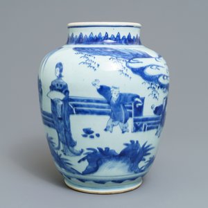 Een Chinese blauwwitte pot met dames in een tuin, Transitie periode — foto 4