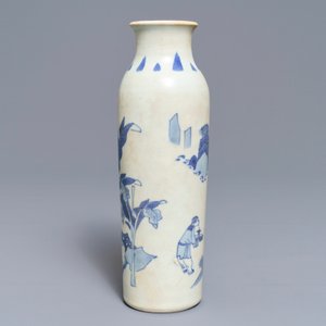 Een Chinese blauwwitte rouleau vaas met figuratief decor, Hatcher cargo, Transitie periode — foto 2