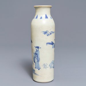Een Chinese blauwwitte rouleau vaas met figuratief decor, Hatcher cargo, Transitie periode — foto 4