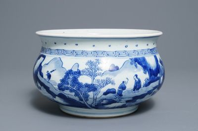 Een Chinese blauwwitte wierookbrander met figuren in een landschap, Kangxi