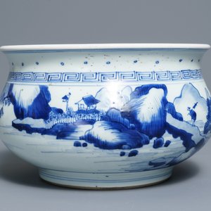 Een Chinese blauwwitte wierookbrander met figuren in een landschap, Kangxi — foto 5