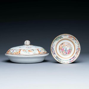 Een Chinese Canton famille rose terrine met twee compartimenten en een bord met monogram, 19e eeuw — foto 1