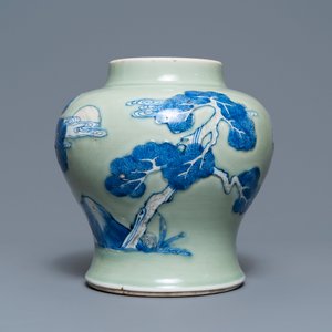 Een Chinese celadon vaas met blauw-wit en onderglazuur rood decor, Kangxi — foto 4