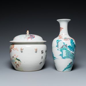 Een Chinese doucai vaas en een qianjiang cai dekselpot, 19/20e eeuw — foto 5