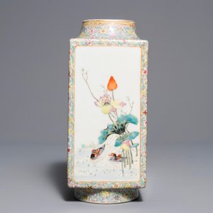 Een Chinese famille rose cong vaas met bloemen en vogels, Hongxian merk, 20e eeuw — foto 5