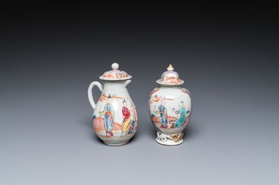 Een Chinese famille rose dekselkan en een theebus met mandarijns decor, Qianlong