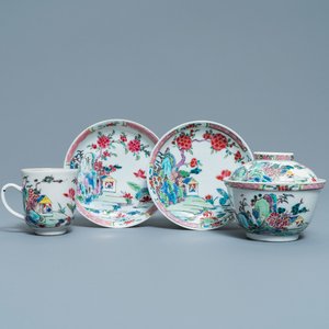 Een Chinese famille rose dekselkom, een kop en twee schotels met landschapsdecor, Yongzheng — foto 1