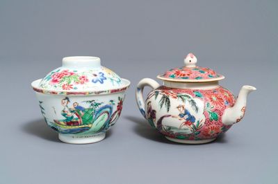 Een Chinese famille rose dekselkom en een theepot, Yongzheng