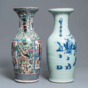Een Chinese famille rose en een blauw-witte celadon vaas, 19e eeuw — foto 4