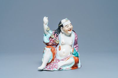 Een Chinese famille rose figuur van Liu Hai met de pad, zegelmerk, Republiek