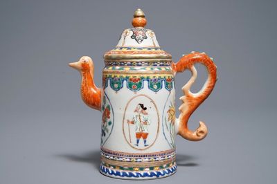 Een Chinese famille rose koffiepot met decor van Europeanen, Yongzheng