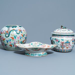 Een Chinese famille rose pot, een kamcheng en een kom, 19e eeuw — foto 1