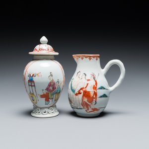Een Chinese famille rose theebus met mandarijns decor en een kannetje met 'Het oordeel van Paris', Qianlong — foto 2