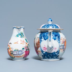 Een Chinese famille rose theepot en melkkan met mandarijns decor, Qianlong — foto 4