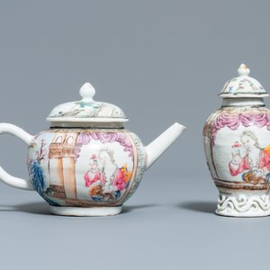 Een Chinese famille rose theepot en theebus met een dame met hondje, Yongzheng/Qianlong — foto 2
