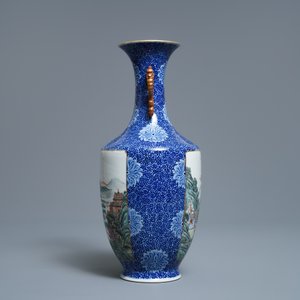 Een Chinese famille rose vaas met fijn landschapsdecor, Qianlong merk, Republiek — foto 2