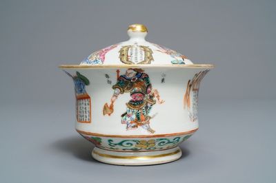 Een Chinese famille rose 'Wu Shuang Pu' dekselkom, 19e eeuw