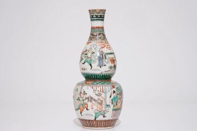 Een Chinese famille verte dubbele gourde vaas, Kangxi merk, 19e eeuw
