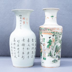 Een Chinese famille verte rouleau vaas en een famille rose vaas, 19e eeuw — foto 10