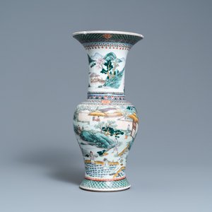 Een Chinese famille verte 'yenyen' vaas met decor van de rijstproductie en een grote blauw-witte schotel, 19e eeuw — foto 4