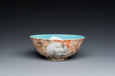 Een Chinese faux-bois kom met grisaille medaillons, Qianlong merk, Republiek