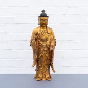 Een Chinese gelakte en vergulde houten figuur van Boeddha, 18/19e eeuw — foto 39