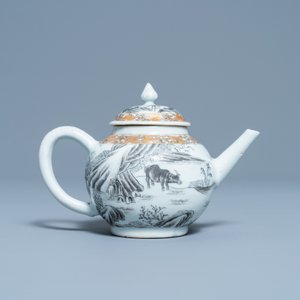 Een Chinese grisaille en vergulde theepot met buffels, Yongzheng — foto 4
