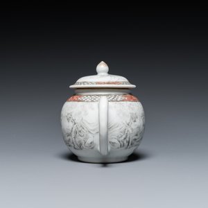 Een Chinese grisaille 'Europeanen op jacht' theepot met deksel, Yongzheng — foto 5