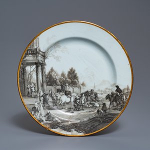 Een Chinese grisaille 'Terugkomst van de jacht' schotel met wapenschild achteraan, Qianlong — foto 1