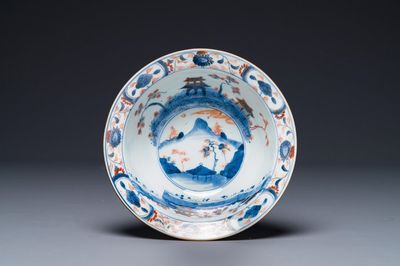 Een Chinese Imari-stijl 'klapmuts' kom met landschapsdecor, ex-collectie van August de Strerke, Kangxi