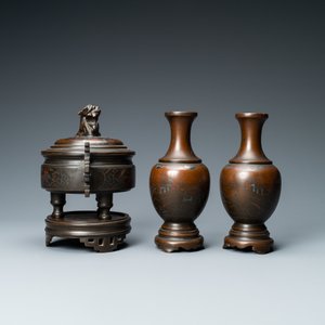 Een Chinese ingelegde bronzen wierookbrander en een paar vazen voor de Vietnamese markt, 19e eeuw — foto 5