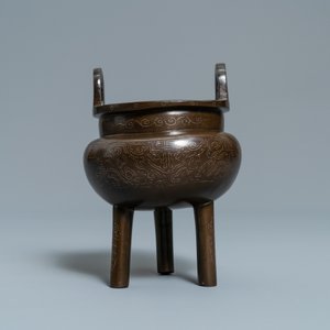 Een Chinese met zilver ingelegde bronzen wierookbrander, Shi Shou merk, 19e eeuw — foto 2