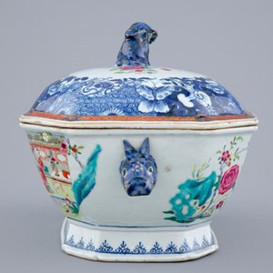 Een Chinese octagonale famille rose terrine op onderschotel, Qianlong, 1e helft 18e eeuw — foto 5
