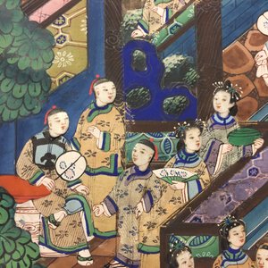 Een Chinese octagonale waaier in papier, ivoor en gelakt hout, Canton, 19e eeuw — foto 6