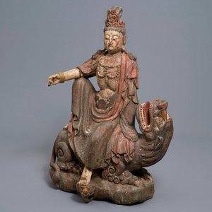 Een Chinese polychrome houten groep van Guanyin op draak, 18e eeuw — foto 1