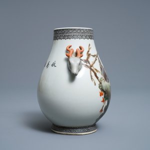 Een Chinese polychrome hu vaas met vogels, gesign. Cheng Yiting (1885-1948), gedat. 1936 — foto 2