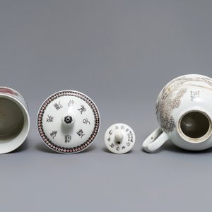 Een Chinese polychrome theepot met winterlandschap en een florale dekselkroes, 20e eeuw — foto 6