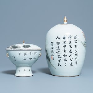 Een Chinese qianjiang cai dekselpot en een dekselkom, 19/20e eeuw — foto 4