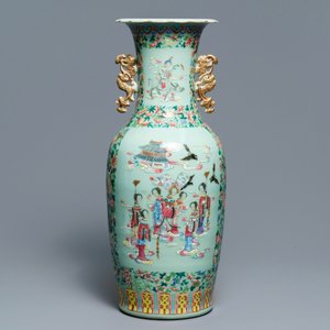 Een Chinese qianjiang cai en famille rose celadon vaas, 19e eeuw — foto 3
