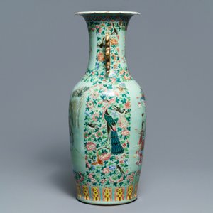 Een Chinese qianjiang cai en famille rose celadon vaas, 19e eeuw — foto 4