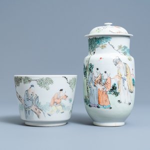 Een Chinese qianjiang cai jardinière en een dekselvaas, 19/20e eeuw — foto 1