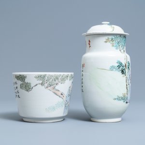 Een Chinese qianjiang cai jardinière en een dekselvaas, 19/20e eeuw — foto 4