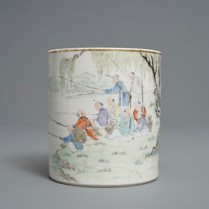 Een Chinese qianjiang cai penselenbeker met vissers, gesign. Tan Yin Jie, gedat. 1875-1884 — foto 2