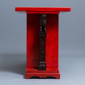 Een Chinese qianjiang cai plaquette in houten tafel gemonteerd, 19/20e eeuw — foto 5