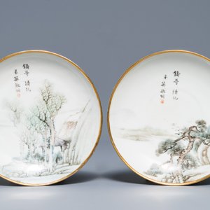 Een Chinese qianjiang cai theepot, drie koppen en twee schotels, Republiek, 1e helft 20e eeuw — foto 4
